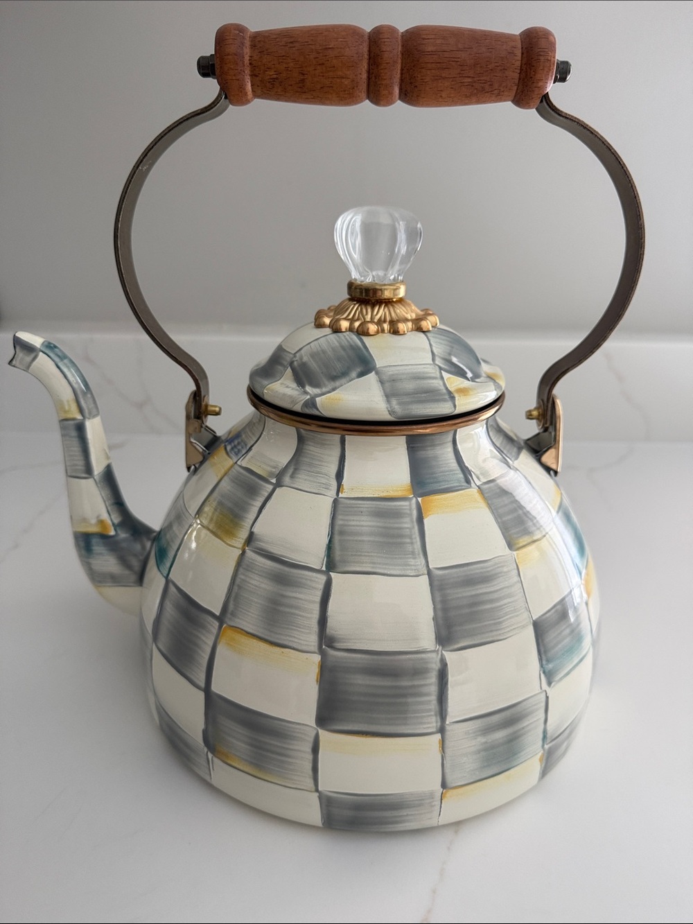 MacKenzie-Childs Hand-Painted Checkered Ceramic Teapot in Gray, White & Gold